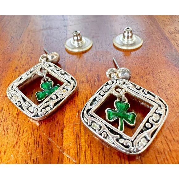 Vintage 80's Shamrock Earrings Handmade Dangle Posts St Patrick's Day Pa… - Picture 2 of 12